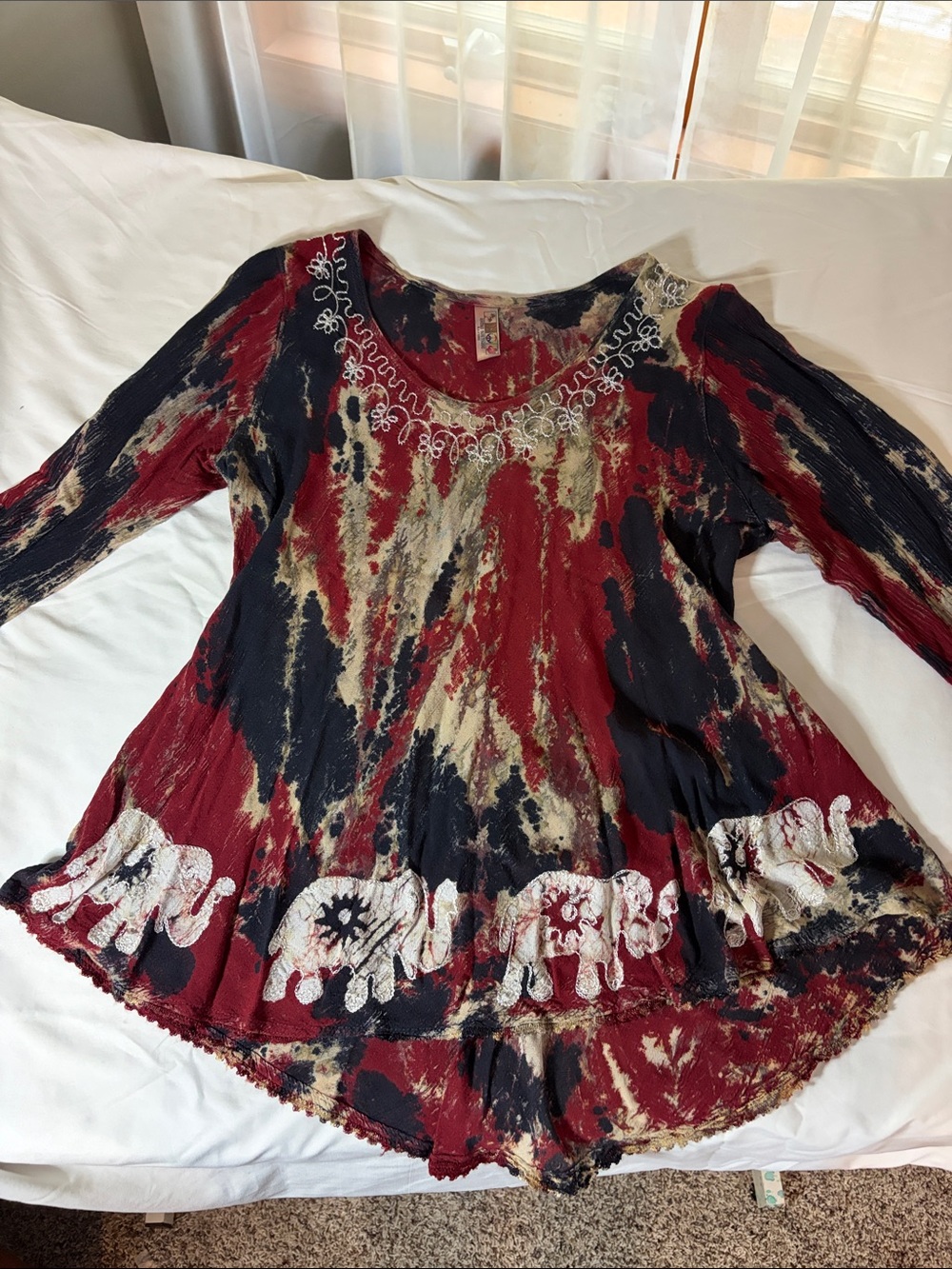India Boutique Red Multi Tie-Dye Elephant Embroidered Tunic
